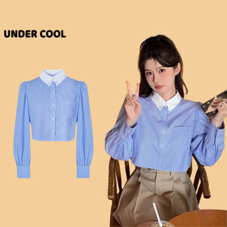 Áo sơ mi nữ dáng ngắn tay bồng undercool sọc xanh croptop phối cổ sơ mi trắng asm28