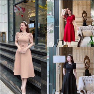 Đầm trung niên thanh lịch dáng xòe cổ tròn kết đá tay lỡ bo eo sang trọng, đầm trung niên bigisze dáng dài