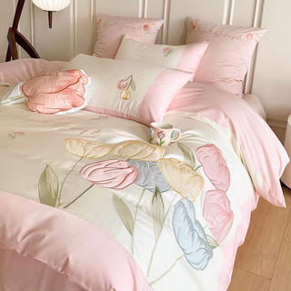 Bộ ga trải giường lụa hoa tulips 5 món phong cách châu âu
