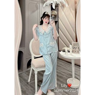 Bộ Lụa Xước Mặc Nhà Đáp Ren Cổ Sen