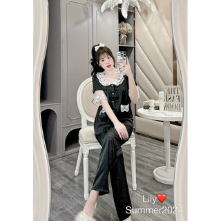 Bộ Lụa Xước Mặc Nhà Đáp Ren Cổ Sen