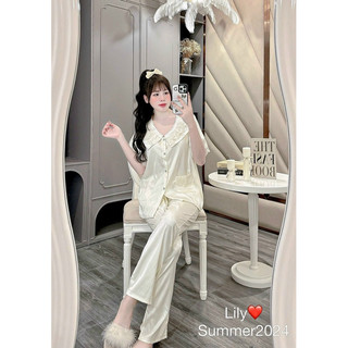 Bộ Lụa Xước Mặc Nhà Đáp Ren Cổ Sen