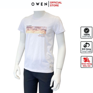 Áo thun nam ngắn tay cổ tròn OWEN TSN233231 phông Tshirt vải cotton modal màu trắng in hình ngang ngực form body fit