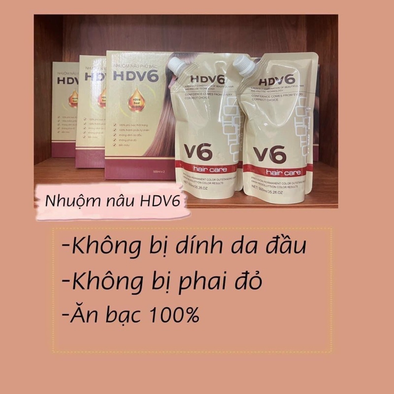 Nhuộm Phủ Bạc Tóc HDV6 500mlx2 màu nâu , hương cafe  ,phủ bạc không dính da đầu,phủ bạc tóc màu nâu