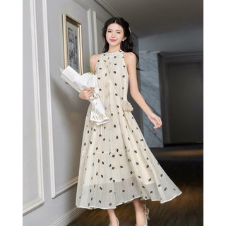 Đầm babydoll cổ yếm rộng phom dáng dài sát nách chất vải xốp in hoa thời trang mặc đi chơi,