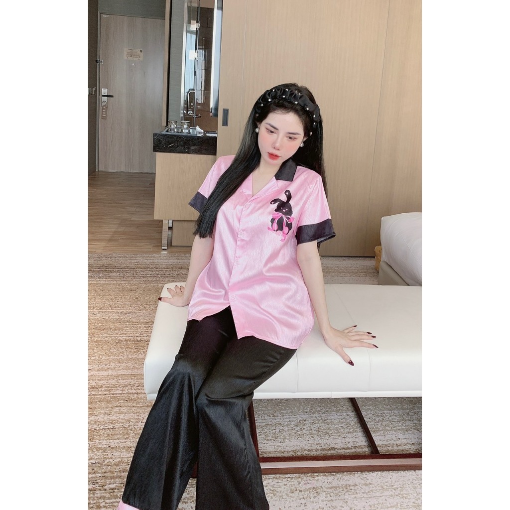 PYJAMA NỮ LỤA XƯỚC THỎ HỒNG ĐEN - đồ bộ mặc nhà