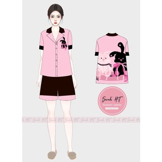PYJAMA NỮ LỤA XƯỚC THỎ HỒNG ĐEN - đồ bộ mặc nhà