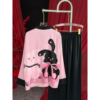 PYJAMA NỮ LỤA XƯỚC THỎ HỒNG ĐEN - đồ bộ mặc nhà