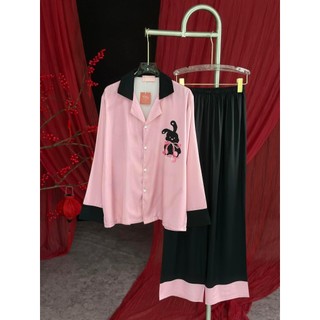 PYJAMA NỮ LỤA XƯỚC THỎ HỒNG ĐEN - đồ bộ mặc nhà