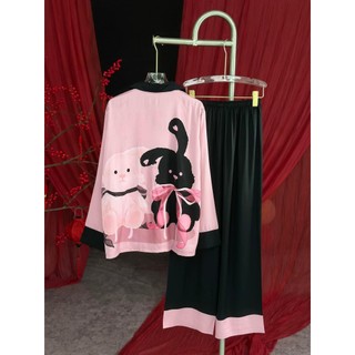 PYJAMA NỮ LỤA XƯỚC THỎ HỒNG ĐEN - đồ bộ mặc nhà