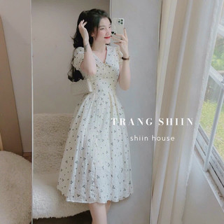 Đầm thời trang nữ mặc đi chơi chất vải xốp hoa nút bọc dáng váy dài xoè