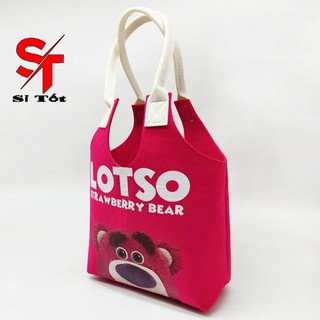 Túi Nỉ Gấu Dâu Siêu Đáng Yêu, Túi Tote Nỉ Xách Tay Gấu Lotso Ba Chiều, Túi Đựng Cơm