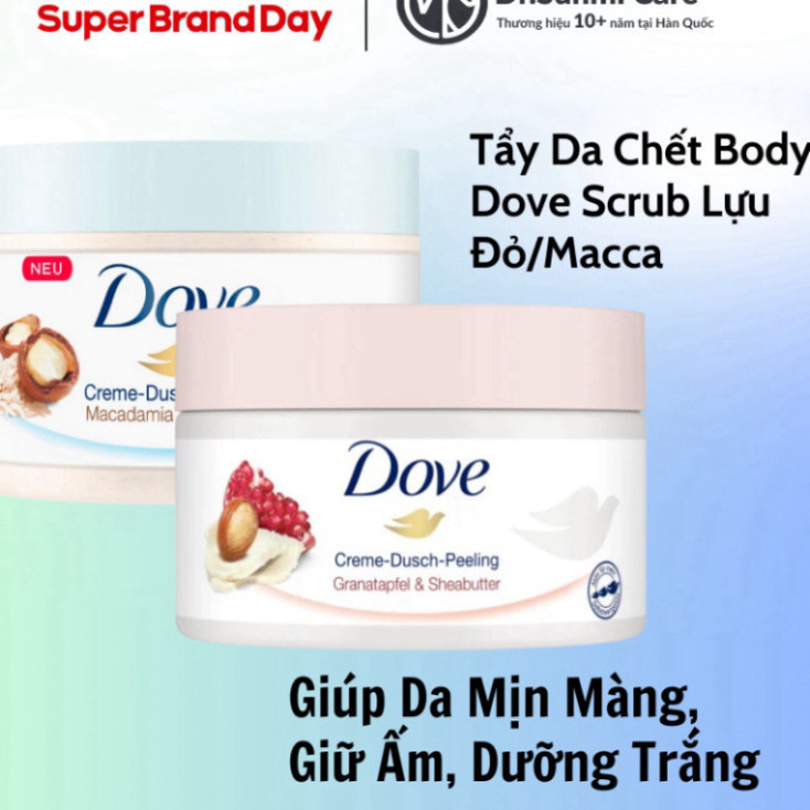 Kem Tẩy Tế Bào Chết Body Dove Macca Lựu Đỏ Chăm Da Sáng Mịn, Giữ Ẩm, Dưỡng Trắng 225ML Bản Đức Cao Cấp JP 4.0