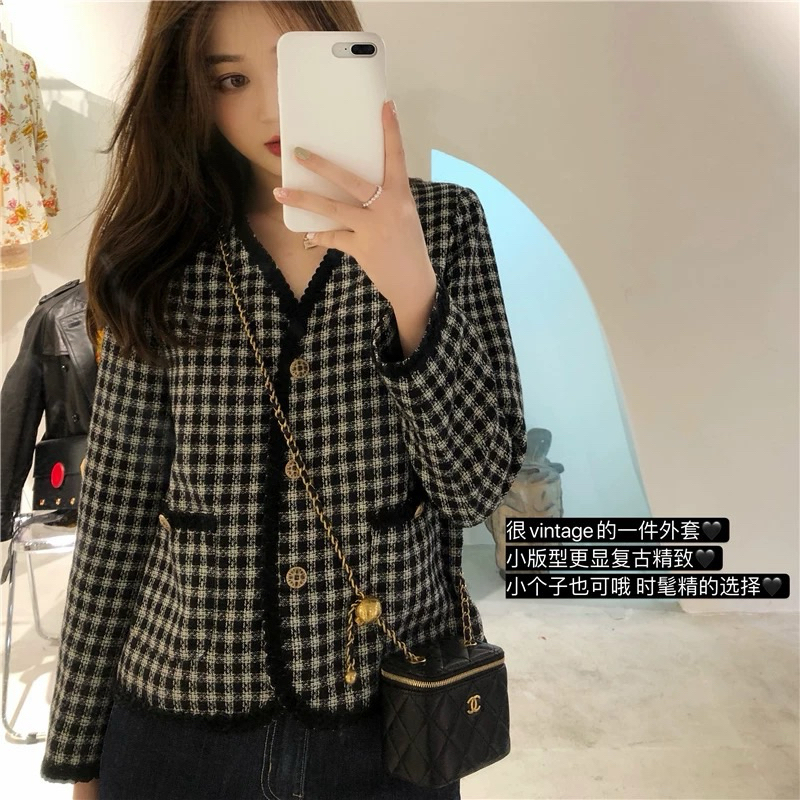 Áo khoác dạ tweed kẻ cúc đồng Hàn Quốc
