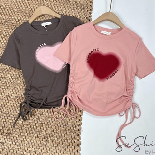 Áo thun baby tee nữ có dây rút họa tiết trái tim, Áo Phông Croptop Romatic