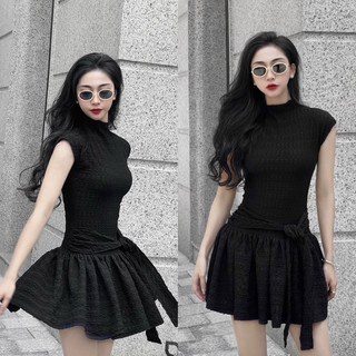 [V1.598] Váy Thun Len Thừng QC Co Dãn 2 Màu Dáng Xoè Kèm Đai