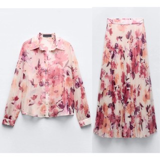 Set áo sơ mi lụa hoa hồng + chân váy xếp ly Zara xuất