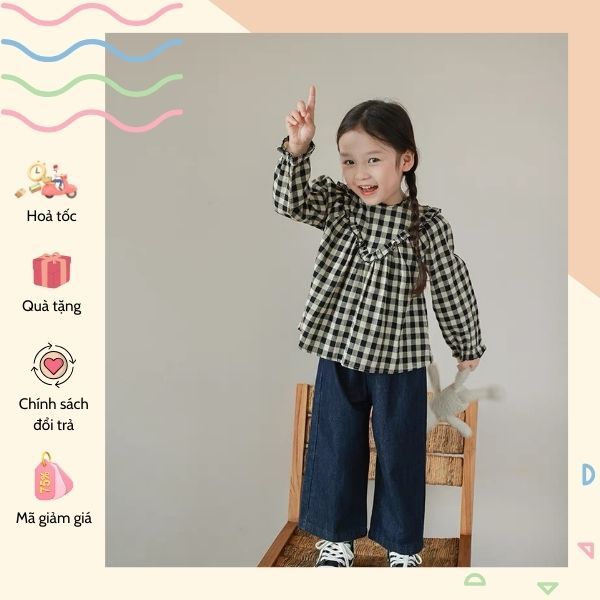Set áo caro kẻ phối quần jeans mềm phong cách mùa thu cho bé gái Danchau 792