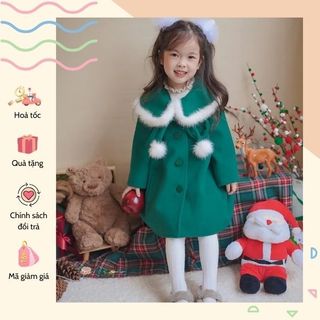 Áo khoác dạ xanh cổ phối lông noel cho bé gái Danchau 1011