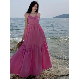Váy đầm maxi hai dây cổ yếm hở lưng dáng xoè đuôi cá màu hồng tôn da, đầm maxi dáng dài đi du lịch biển