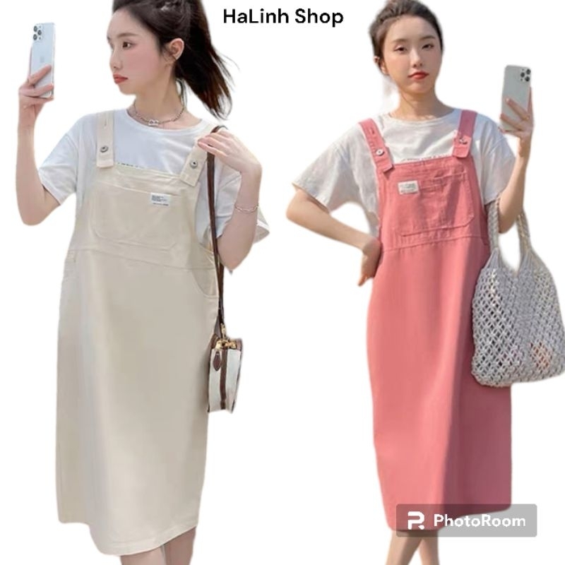 Yếm Bò Nữ Dáng Suông Túi Ngực Màu Hồng Be Xinh Size S M - Halinh Shop - Yếm Jean Nữ 2 Dây Suông Hàng l1