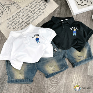  Bộ quần jean polo GẤU STEV cực sang và lịch sự, gồm 1 quần short jean mềm và áo polo vải mát cho bé 8-28kg