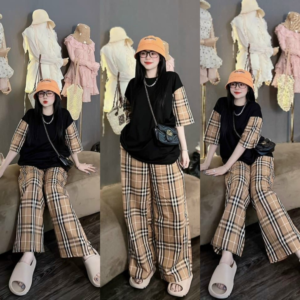 Sét bộ áo thun tay lỡ Bu bê Rờ + quần kẻ dài siêu xinh hottrend 2024 QUANAOPHUKIEN