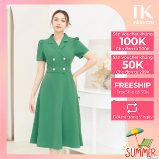 Đầm Thiết Kế Dáng Xòe Cổ Vest NK Fashion Tay Ngắn Phối Cúc Thanh Lịch, Chất Vải Nhập Hàn Dày Dặn Mềm Mát NKDV2205005