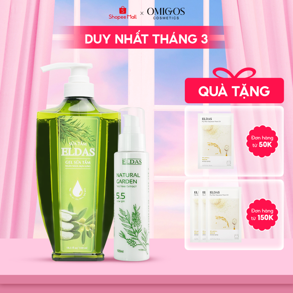 Combo Sữa Tắm Mụn Lưng Eldas & Sữa Rửa Mặt TRÀM TRÀ Giúp Giảm Mụn Mờ Thâm, Da Sáng Mịn Đều Màu 550ml/chai & 100ml/chai