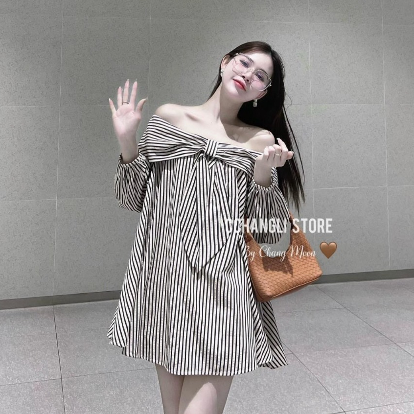 Đầm Áo Váy Trễ Dai Phối Nơ To Tay Bồng Mini Dáng Ngắn Xòe Kẻ Đen Xinh Xắn Đáng Yêu, Tiểu Thư Dự Tiệc, Dạo Phố Hẹn Hò