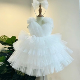 [Tặng Bờm Cài Tóc] Đầm Công Chúa Cổ Tim Hoa Đính Vai Tầng Xinh Xắn Cho Bé Gái, Hàng 5 Lớp Bồng Xoè Đẹp- Hoavai tầng