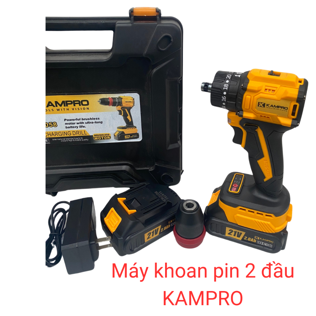 Máy khoan pin Kampro Quick 7058 Đầu 2 in 1 Không Chổi Than Chân Pin phổ Thông
