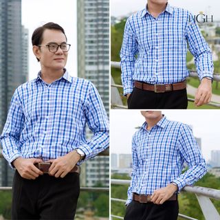 Áo Sơ Mi Trung Niên Nam Dài Tay Dáng Suông Vạt Ngang HGH FASHION Họa Tiết Kẻ Caro Màu Xanh Trắng Vải Cotton Cao Cấp