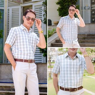 Áo Sơ Mi Trung Niên Nam Ngắn Tay Dáng Suông Vạt Ngang HGH FASHION Họa Tiết Kẻ Caro Màu Xanh Trắng Vải Cotton Cao Cấp