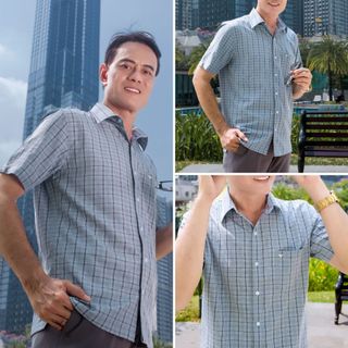 Áo Sơ Mi Trung Niên Nam Ngắn Tay Dáng Suông Vạt Ngang HGH FASHION Họa Tiết Kẻ Caro Màu Xanh Xám Vải Cotton Cao Cấp