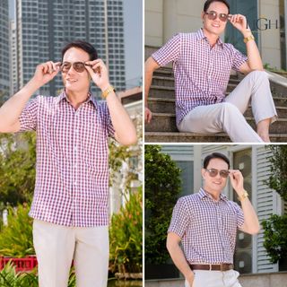 Áo Sơ Mi Trung Niên Nam Ngắn Tay Dáng Suông Vạt Ngang HGH FASHION Họa Tiết Kẻ Caro Màu Nho Vải Cotton Cao Cấp