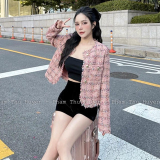 Áo Dạ Kẻ Tua Rua Họa Tiết Chất Tweed 2 Lớp Cao Cấp