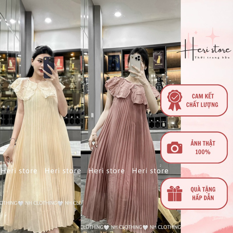 Váy suông dập ly cổ lá đính đá