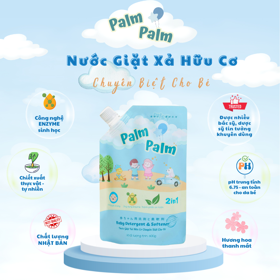 Nước giặt hữu cơ chuyên biệt cho bé Palm Palm an toàn sinh học mùi hương