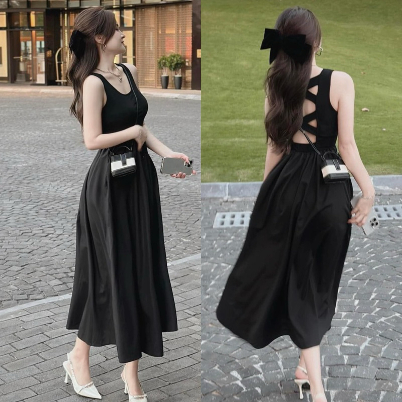 ĐẦM MIDI ĐEN 2 DÂY LỆCH TÀ ĐAN DÂY EO (về thêm loại dây chéo lưng)