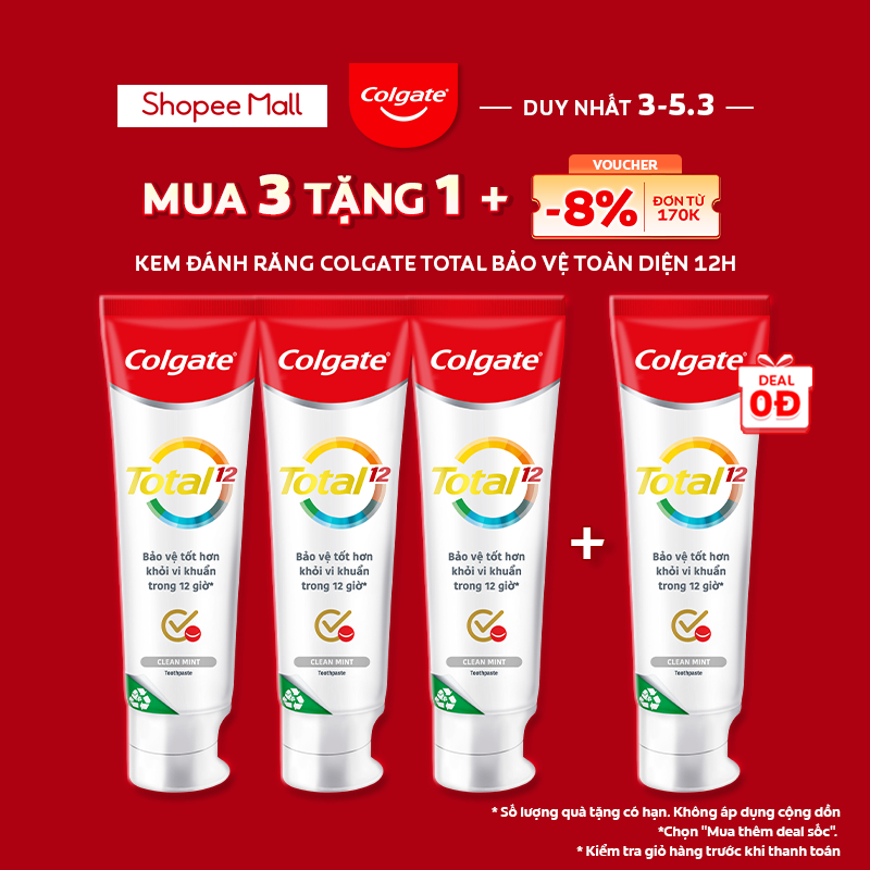 Bộ 3 Kem đánh răng Colgate Total Clean Mint hương bạc hà bảo vệ toàn diện 12 giờ 170g
