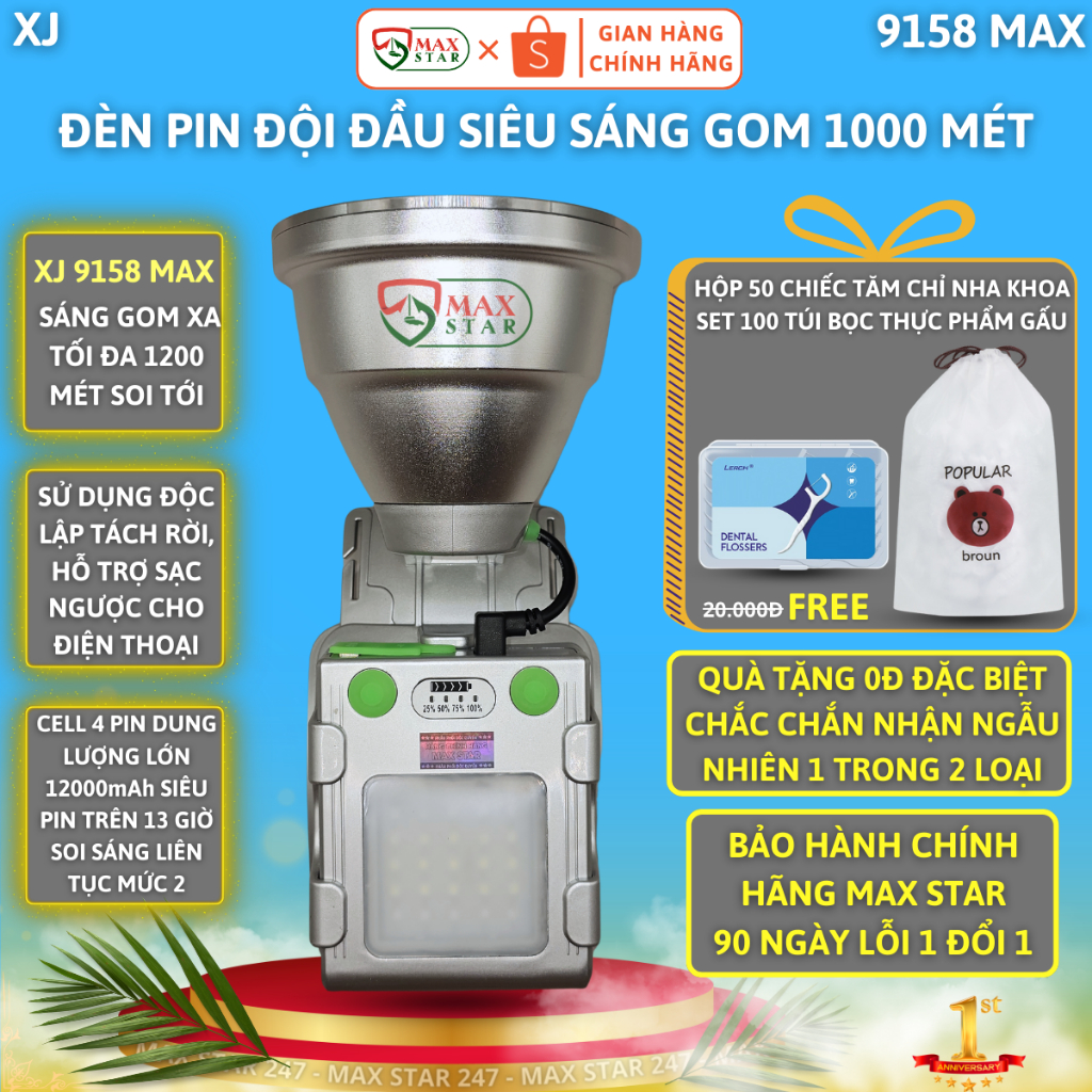 Đèn pin siêu sáng XJ 9158 MAX chiếu xa 1000 mét sáng 3 màu trắng xanh vàng pin siêu trâu sạc ngược cho điện thoại