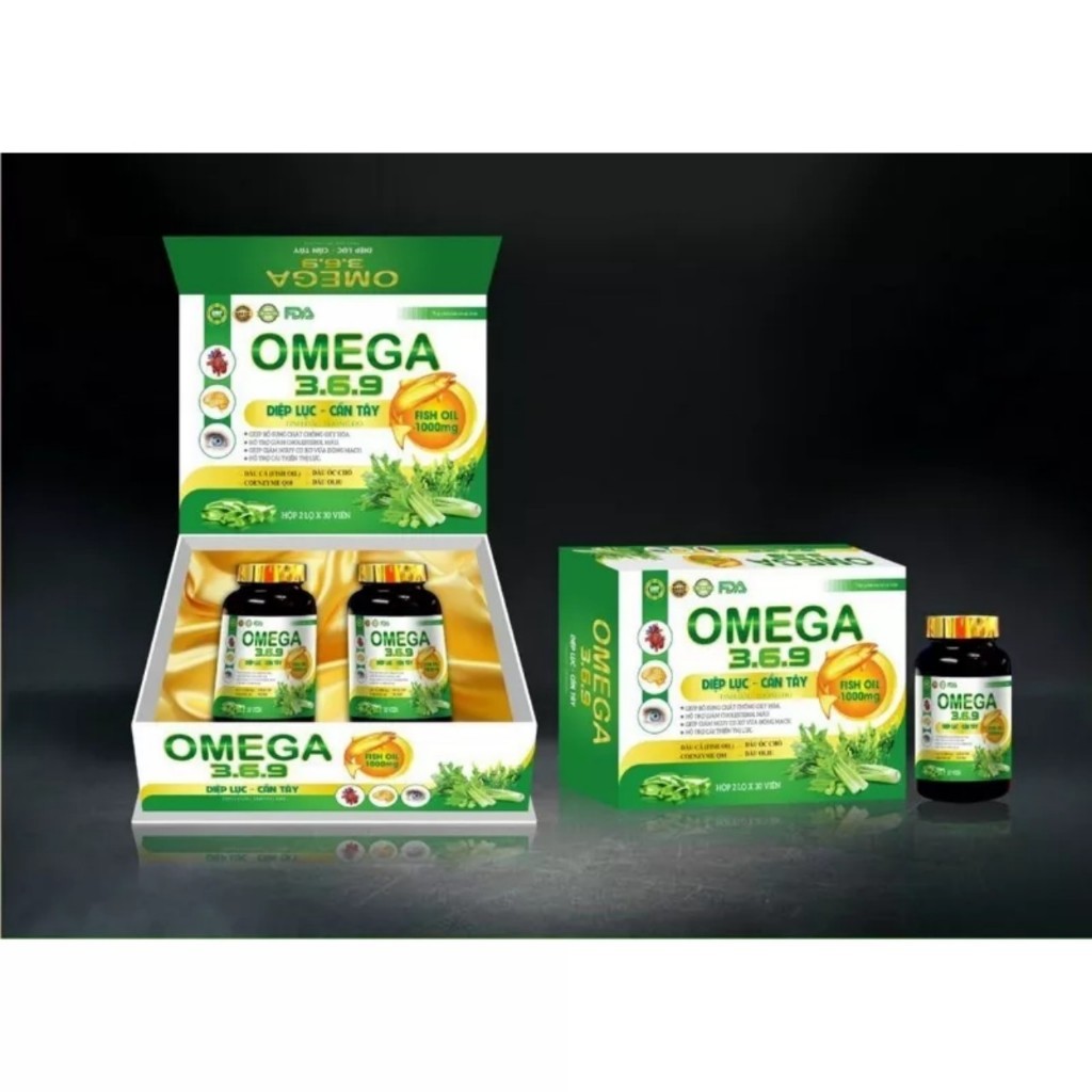 Combo 2 Lọ Omega 369 Diệp Lục Cần Tây Tinh Dầu Thông Đỏ giúp sáng mắt giảm nguy cơ xơ vữa động mạch