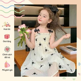Váy 2 dây đính nơ chất liệu tơ hoa mềm cho bé gái Danchau 481