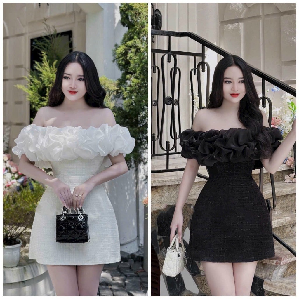 Váy đầm đi tiệc trễ vai nữ thiết kế hai màu đen trắng váy voan tầng siêu xinh