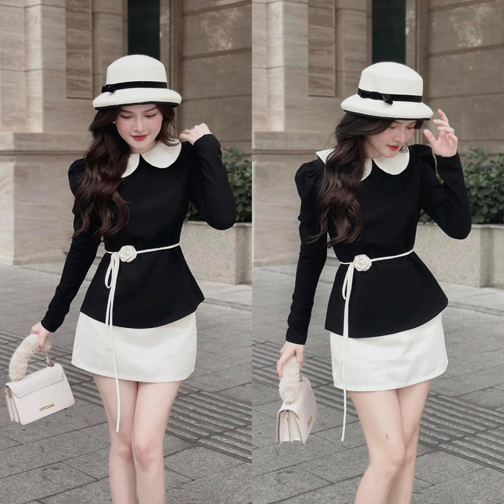 Sét bộ đồ nữ áo cổ sen tay dài eo cột nơ phối chân váy chữ A sang trọng, thanh lịch phù hợp cho nàng công sở