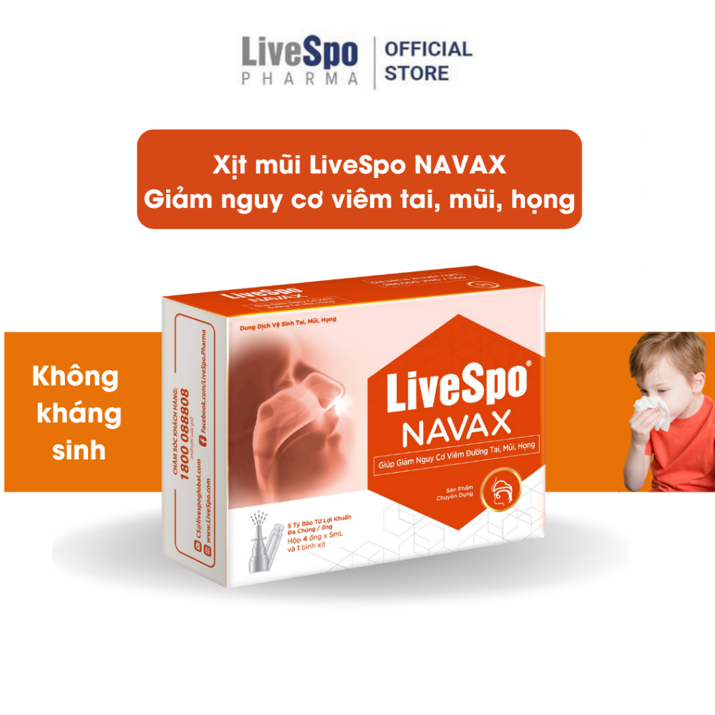 Combo Hộp nước muối sinh lý bào tử lợi khuẩn LiveSpo Navax Kids 5 ống x 5ml và Hộp Livespo Navax chuyên dụng 8 ống x 5ml