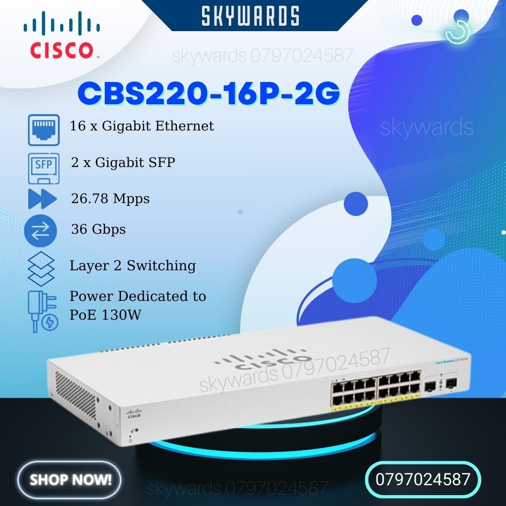 Switch chia mạng Cisco Business 16 Ports GE + 2 Ports PoE 130W CBS220-16P-2G-EU _chính hãng, mới 100%
