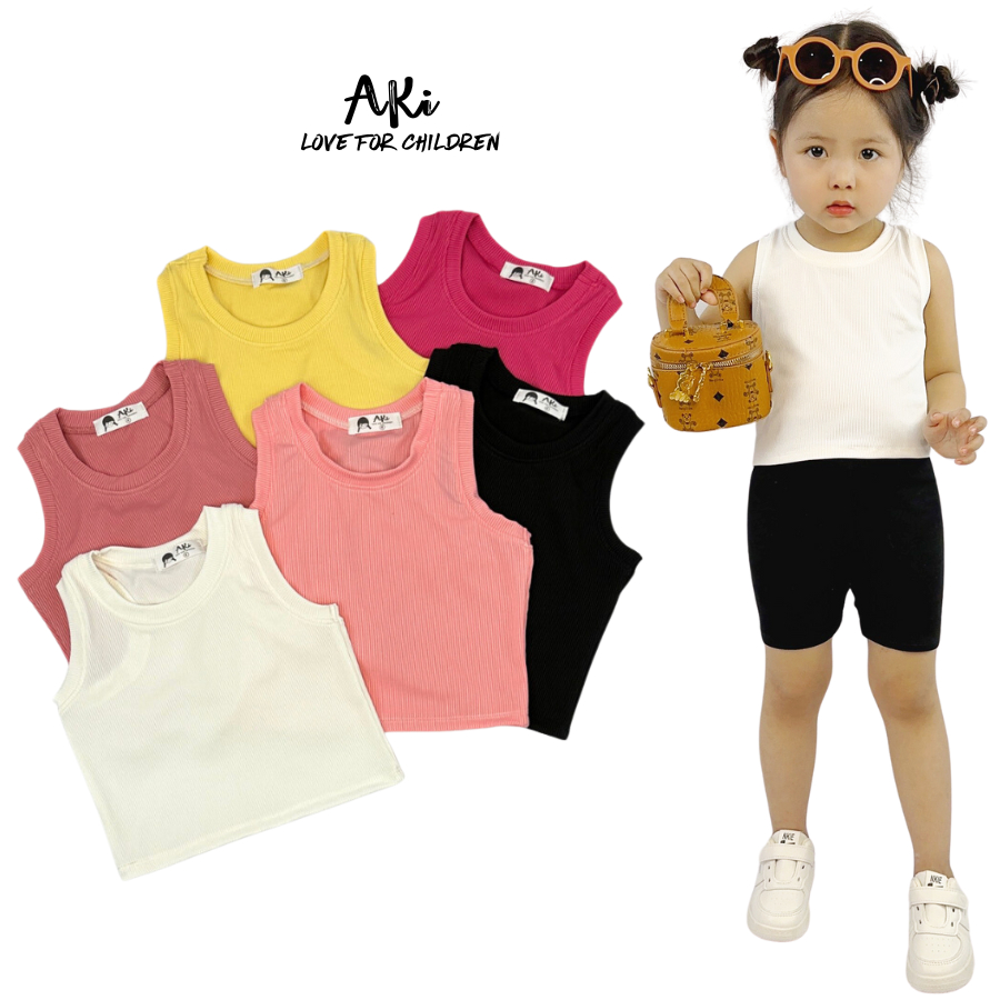 Áo Croptop Cho Bé Gái Ba Lỗ Cổ Tròn Thun Tăm Trơn, Áo Thun Bé Gái - AKi