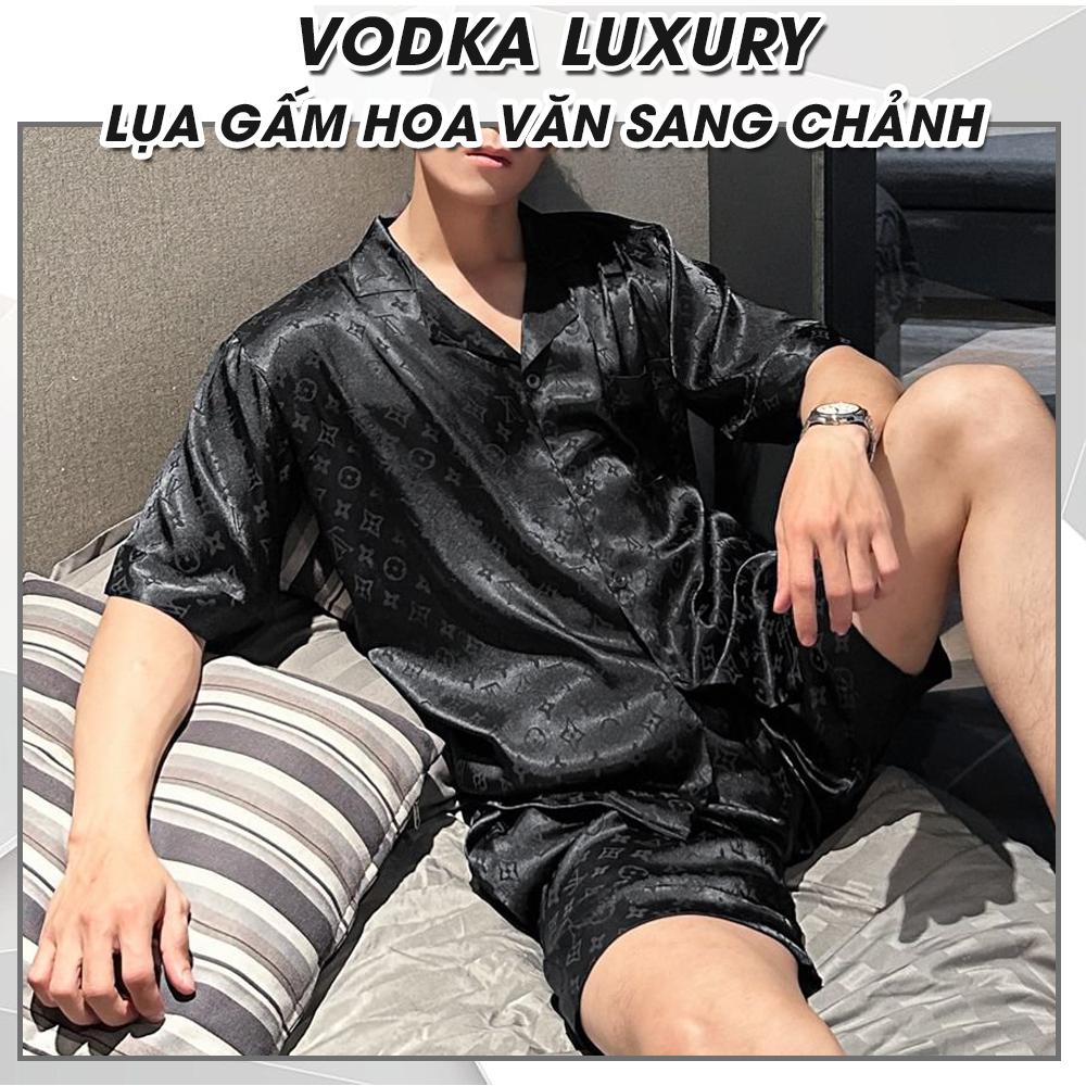 Bộ đồ nam pijama nam Vodka Luxury mùa hè chất lụa gấm mềm mại, thoáng mát màu đen sang chảnh LV04